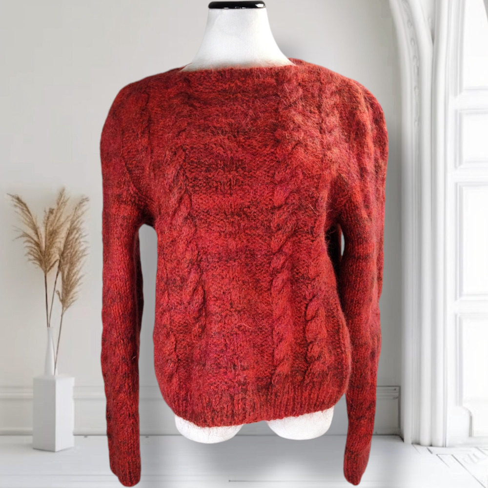 Vintage Hand Knit Mohair Wool Sweater M Burnt Orange Cable Knit Fuzzy Pullover
